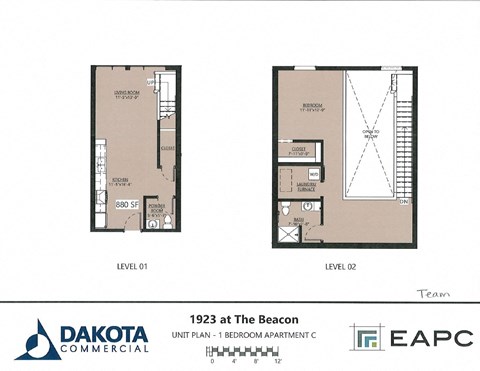 Floor plan for 1 bed, 1.5 baths, 880 sqft